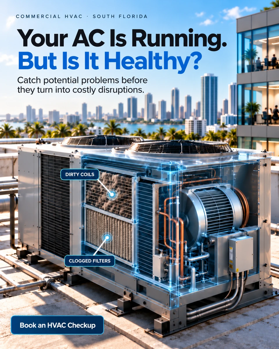 Commercial HVAC — Your AC Is Running. But Is It Healthy? Рентген-срез коммерческой установки, скрытые загрязнения и кнопка Book an HVAC Checkup