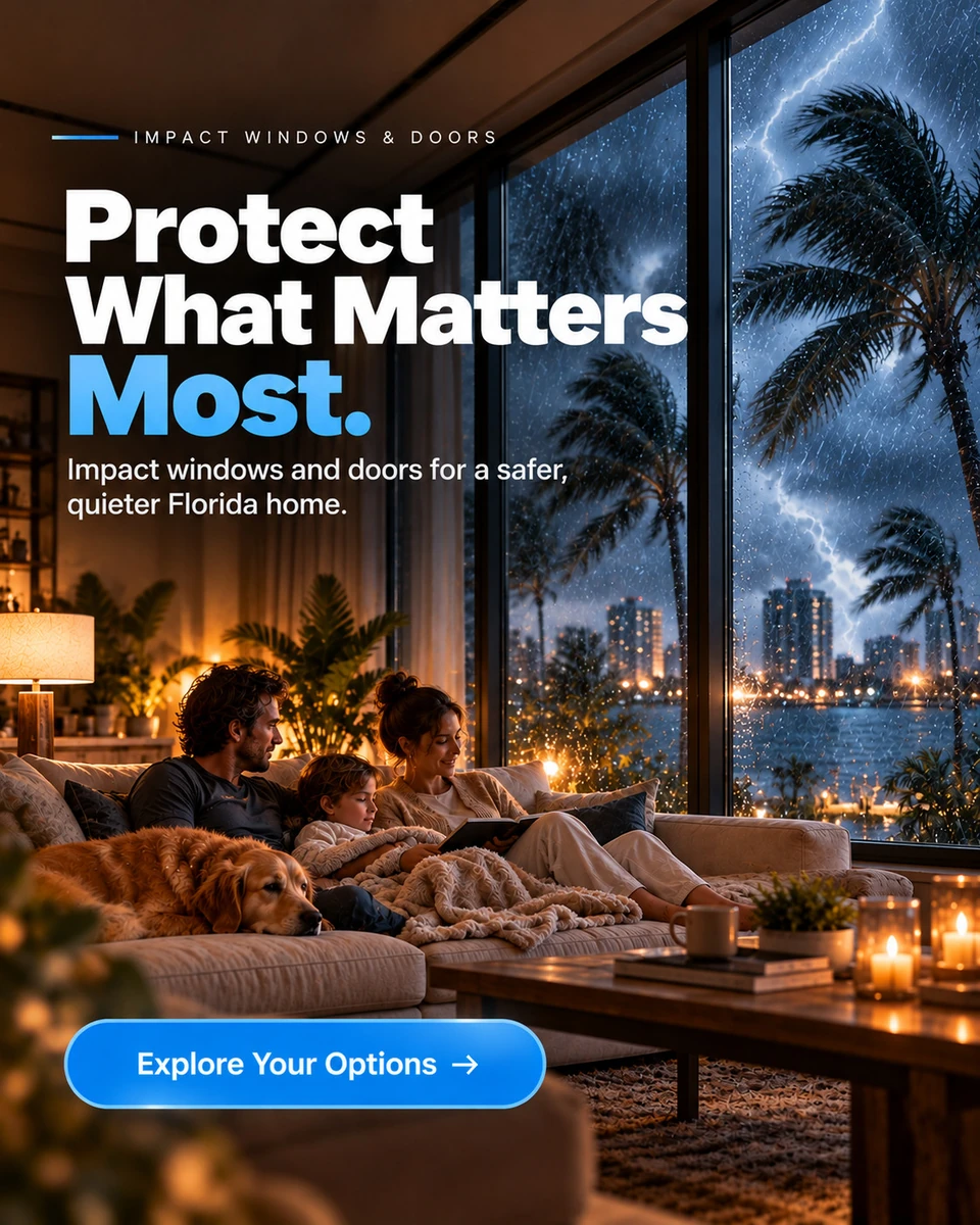 Impact Windows & Doors: семья в уютной гостиной, шторм за панорамными окнами, заголовок Protect What Matters Most