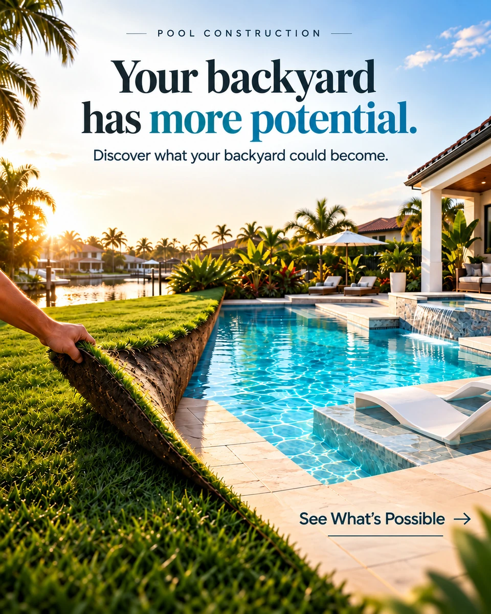 Pool Construction: рука приподнимает газон словно ковёр, открывая роскошный бассейн; Your backyard has more potential