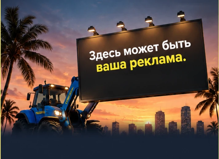 Синий трактор в Майами поднимает рекламный щит на фоне заката