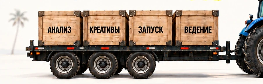 Прицеп с тремя колёсами и четырьмя ящиками: анализ, креативы, запуск, ведение